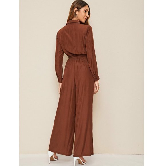 Button Front Belted Wide Leg Shirt Jumpsuit - Picture 2 of 11
